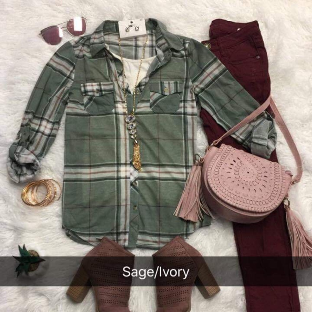 Sage & ivory button down plaid shirt